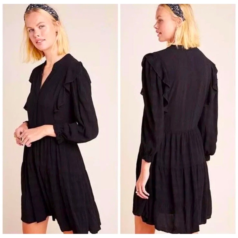 Anthropologie Amadi Rossi Ruffled Tunic Dress Boho Dress Long Sleeve Black XS